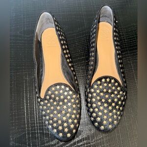 Tory Burch black with gold star studded calf hair loafer size 7